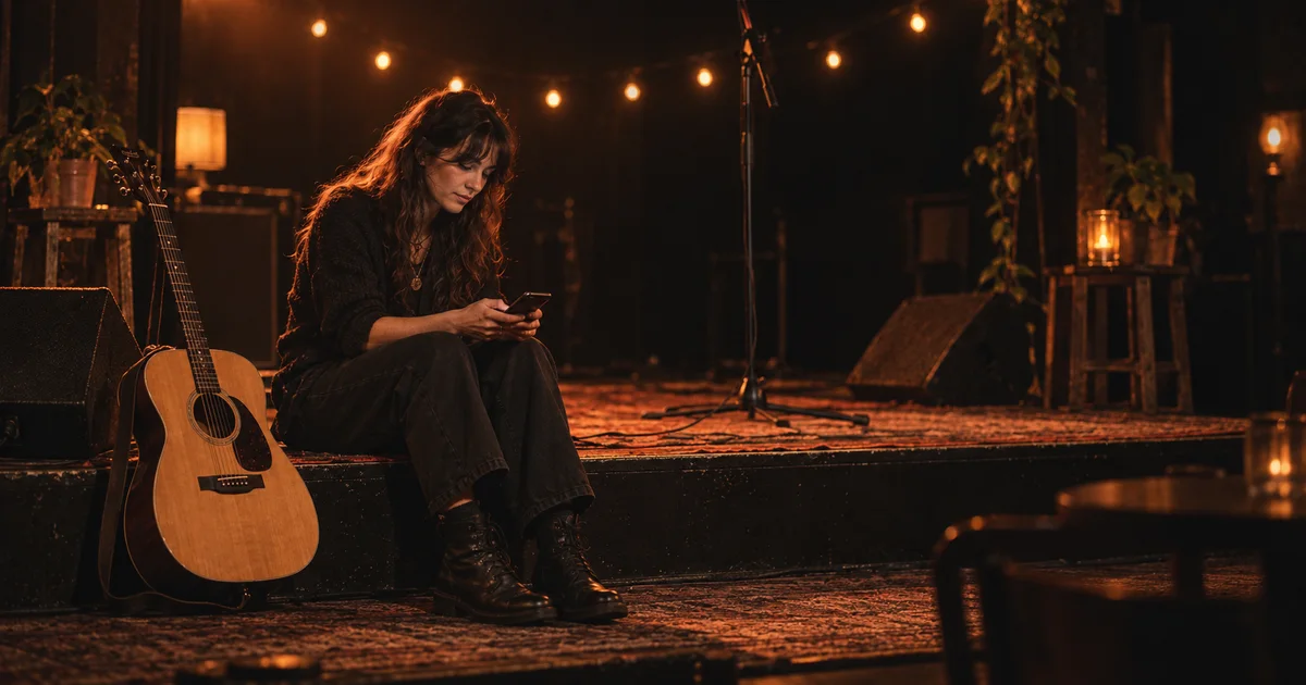 Musician sits on the edge of a dim stage checking her phone beside her acoustic guitar under warm string lights
