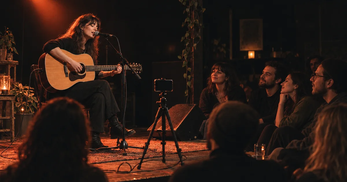 A singer-songwriter plays an acoustic guitar to a small, attentive crowd in a dim venue lit by warm orange stage light