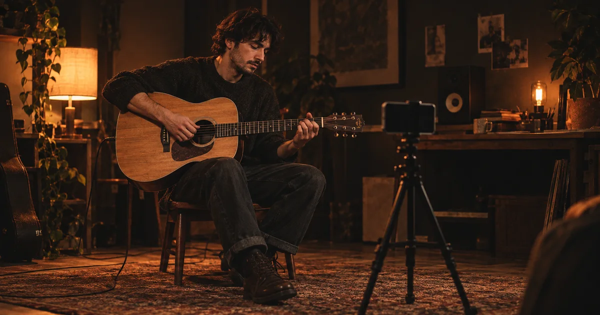 Musician films himself playing acoustic guitar with a phone on a small tripod in a warm home studio