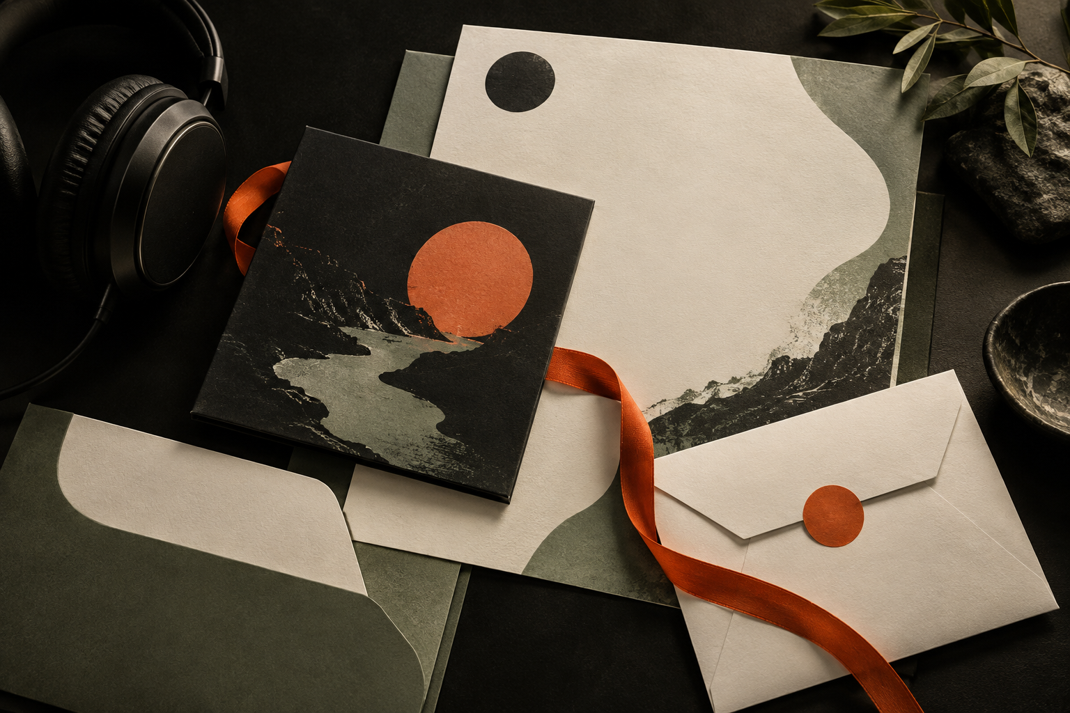 A music sleeve and cream editorial sheets connect to a pitch envelope through an orange ribbon on a dark desk.