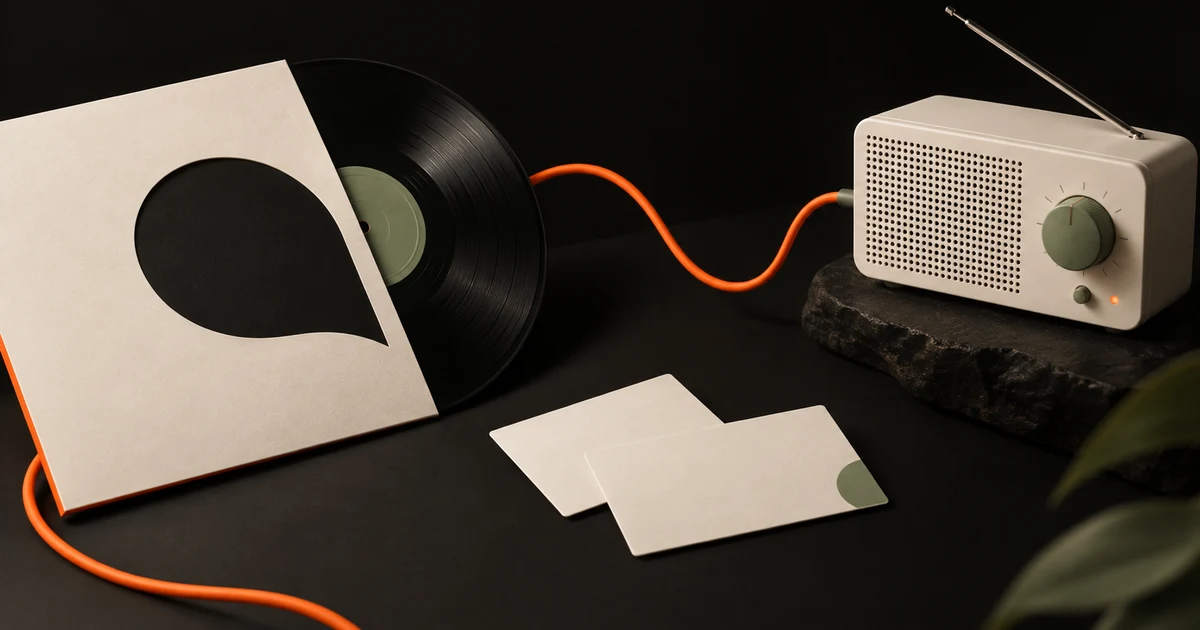 A vinyl record and cream radio connected by an orange cable on a dark editorial desk.