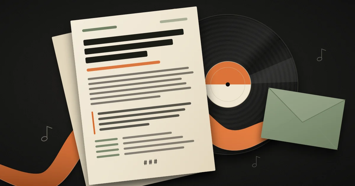 A cream press release sheet with a bold headline block and an orange quote rule lies over a black vinyl record, while an orange ribbon carries it toward a sage envelope on a black desk