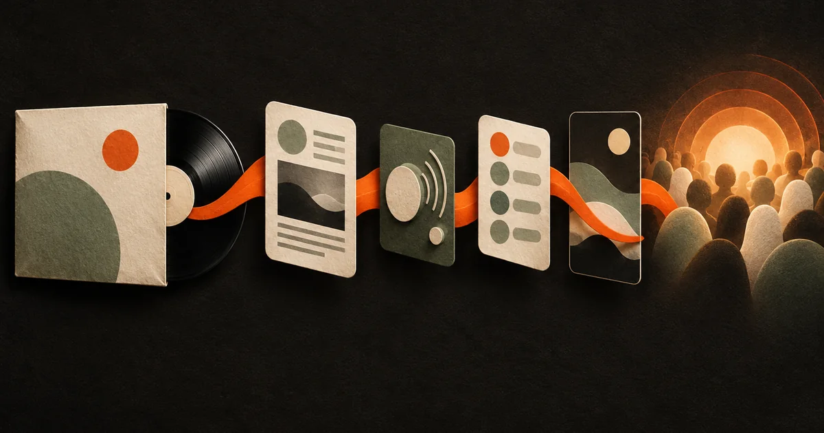 An orange ribbon flows from a vinyl sleeve through press, radio and playlist cards toward a small crowd of listening silhouettes on a dark surface