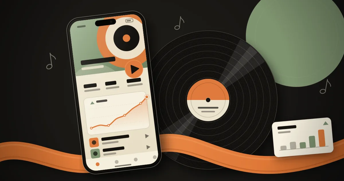 A phone shows an artist profile with a rising stats line and a play button, next to a black vinyl record and an orange ribbon