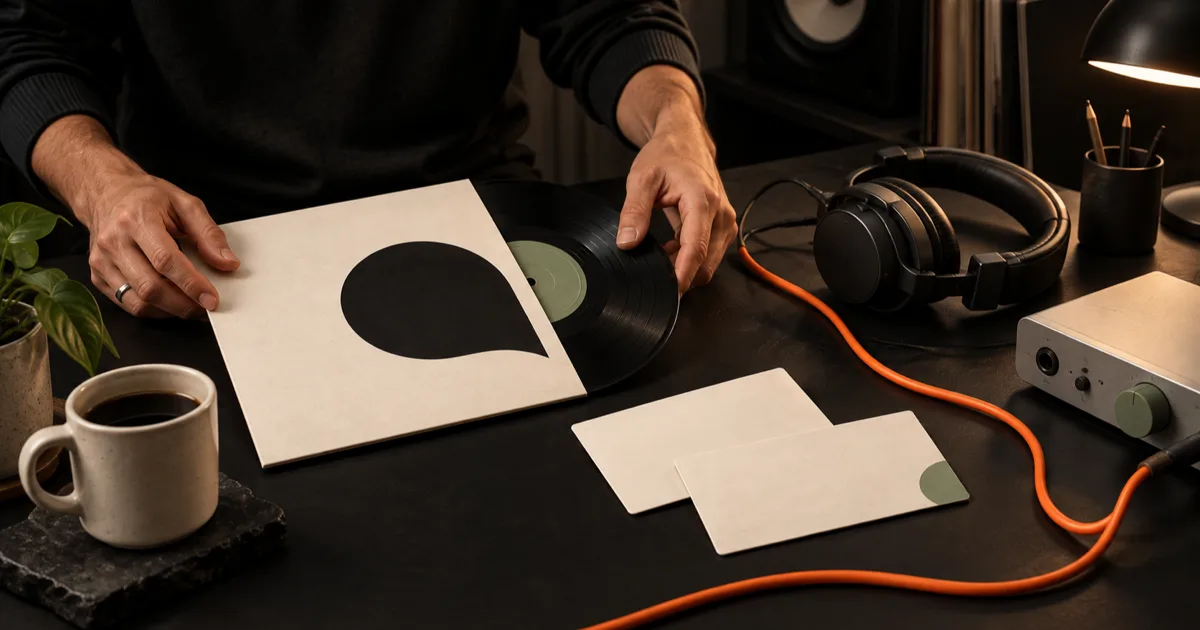 An adult musician arranges a vinyl release, blank pitch cards, headphones, and an orange cable.